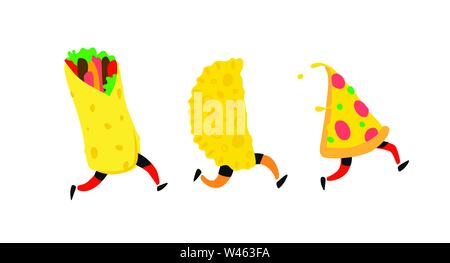 Fast food Abbildung. Vektor. Zeichen Pizza, Shawarma, cheburek. Produkte für Menü, Restaurant, Cafe. Leckeres Essen. Stock Vektor