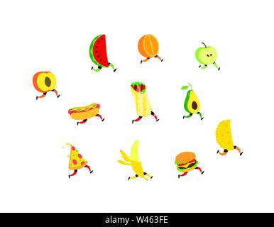 Abbildung: Obst und Fast Food. Vektor. Zeichen Hamburger, Pizza, Hot Dog, shawarma. Cute apple, avacado, Wassermelonen, Bananen-, Orangen Pfirsiche w Stock Vektor