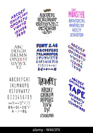 Satz von verschiedenen modischen Fonts. Vektor. Alle Briefe und somvoly separat. Gothic. Flach- und isometrische Font. Stock Vektor