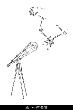 Low Poly Abbildung eines Teleskops gegen einen Sternenhimmel und Mond. Vektor. Maßbild. Retro Style. Hintergrund, Symbol, Emblem für das Inter Stock Vektor
