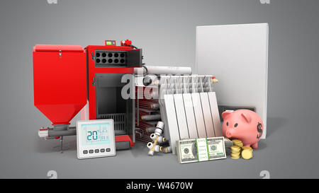Modernes Konzept Heizung gespart Festbrennstoffkessel batterie Elektroboiler und Thermostat 3D-Render auf grauem Hintergrund Stockfoto