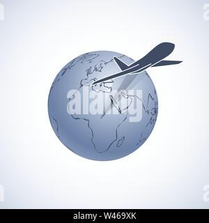 Flugzeug fliegen, die um den Planeten Erde in blauen Farben. Vector Illustration für Grafik- und Webdesign. Logo icon Stock Vektor