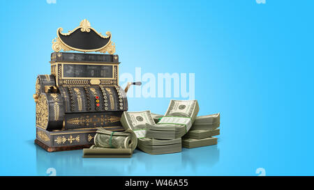 Alte vintage Kasse mit Geld und 3D-Render auf blauem Hintergrund Stockfoto