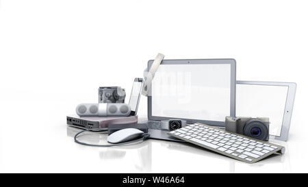 Sammlung von Consumer Electronics 3D-Render auf weißem Hintergrund Stockfoto
