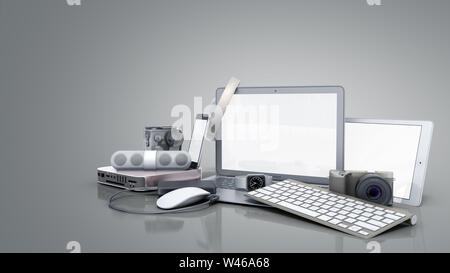 Sammlung von Consumer Electronics 3D-Render auf grauem Hintergrund Stockfoto