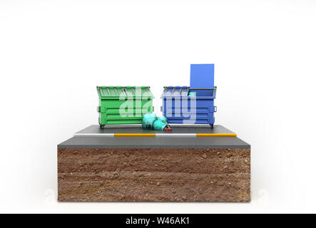 Mülltonnen auf ein Stück Land 3D-Render auf Weiß Stockfoto