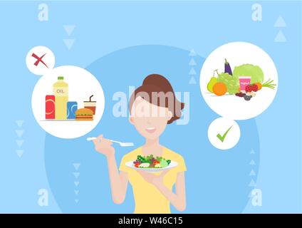 Useful diet choices. Young woman choose foods that beneficial to body, healthy food. Vecter illustration cartoon character style concept of weight con Stock Vektor