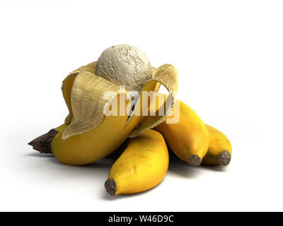 Moderne Konzept von Obst Eis eine Banane Eis Ball liegt auf einem gerösteten Bananen 3D-Render auf weißem Hintergrund Stockfoto
