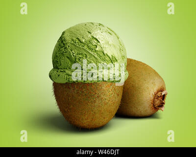 Moderne Konzept von Obst Eis ein Kiwi Eis Ball auf einem gebratenen Kiwi 3D-Render auf grünem Hintergrund liegt Stockfoto