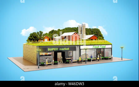 Das Konzept der ökologisch reinen Essen Vitrinen Lebensmittelläden Supermärkte mit einem Bauernhof auf dem Dach 3D-Render auf Blau Stockfoto