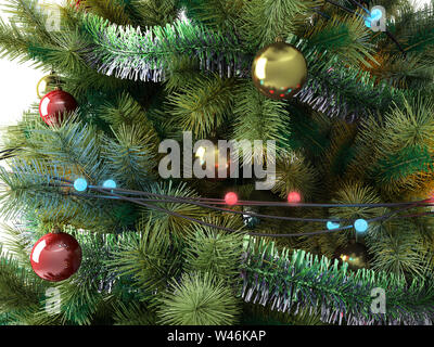 Weihnachtsbaum Nahaufnahme mit bunten Spielzeug 3D-Render isoliert auf weißem Stockfoto