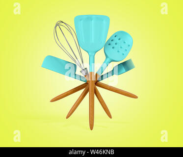 Set blau der Küche Tools 3D-Render auf Gelb Stockfoto