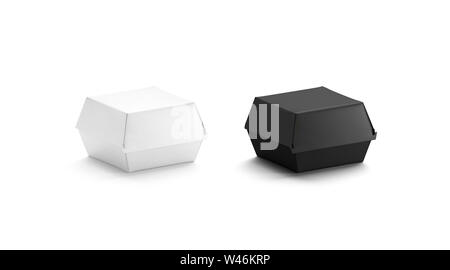 Leere schwarze und weiße Burger box Mockup, Seitenansicht, 3D-Rendering. Leere wegwerf Container für Mock überantworten werden, isoliert. Klare ökologische Verpackung fo Stockfoto