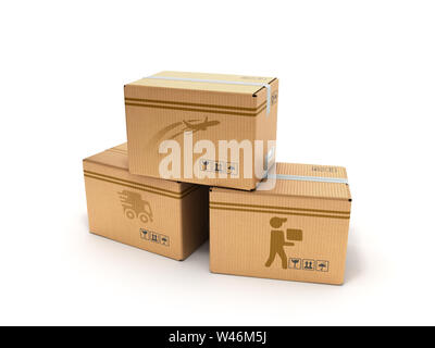 Modernes Konzept aller Arten von lieferkartons mit Bildern der Flugzeuge Auto- und Fußgänger-Kurier 3D-Render auf Weiß Stockfoto