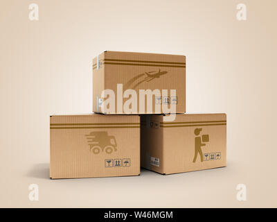 Modernes Konzept aller Arten von lieferkartons mit Bildern der Flugzeuge Auto- und Fußgänger-Kurier 3D-Render auf Farbe Stockfoto