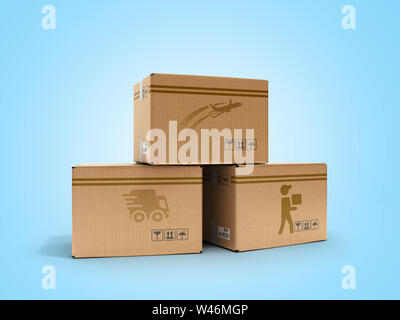 Modernes Konzept aller Arten von lieferkartons mit Bildern der Flugzeuge Auto- und Fußgänger-Kurier 3D-Render auf Blau Stockfoto