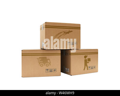 Modernes Konzept aller Arten von lieferkartons mit Bildern der Flugzeuge Auto- und Fußgänger-Kurier 3D-Render auf Weiß kein Schatten Stockfoto