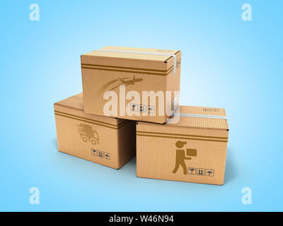 Modernes Konzept aller Arten von lieferkartons mit Bildern der Flugzeuge Auto- und Fußgänger-Kurier 3D-Render auf Blau Stockfoto