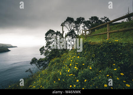 Nordküste Landschaft über Capelas Stadt auf Sao Miguel, Azoren Archipel, Portugal. Miradouro do Porto das capelas. Stockfoto