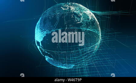 Motion Teilchen der Erde Digital Globe Cyber Konzept. Planet Network Data abstrakte Welt Karte Geschäft Hintergrund. Universum Verbindung Landschaft Outer Space Exploration 3D Rendering Animation Stockfoto