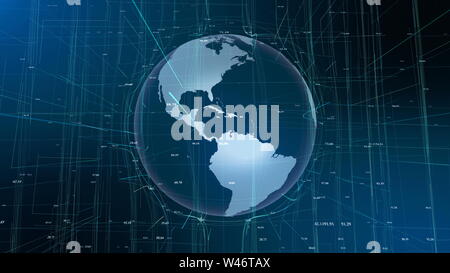 Erde Motion Partikelfilter Abstract Linie Cyberspace. Abstract Zahlen Bewegung Digital Planet Rotation Zukunft Cyber Information Technology. Universum Erforschung 3D Rendering Animation Business Konzept Stockfoto
