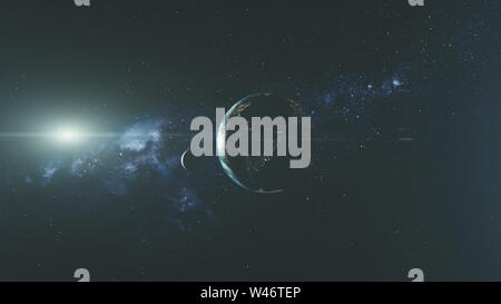 Planet Erde Spin Mondumlaufbahn Space Sun Beam Glühen. Öffnen Star Galaxy Konstellation Satelliten Ausstrahlung Milchstraße Light Space Travel Concept 3D Animation Stockfoto