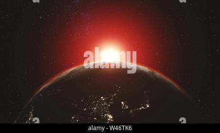 Die Erdumlaufbahn Planet Skyline Flare Sun Beam Glühen. Kosmische helles Sonnenlicht Strahlen Satelliten Ansicht Zoom in Outer Space Exploration Konzept 3D Animation Stockfoto