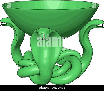 Grüne Schlangen halten Schüssel, Illustration, Vektor auf weißem Hintergrund. Stock Vektor