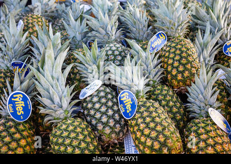 Rotterdam, Niederlande, 29. Juni 2019. Frische Ananas Früchte zum Verkauf zu einem Bauern Opan-Air Markt, Textur Hintergrund, Nähe zu sehen. Stockfoto