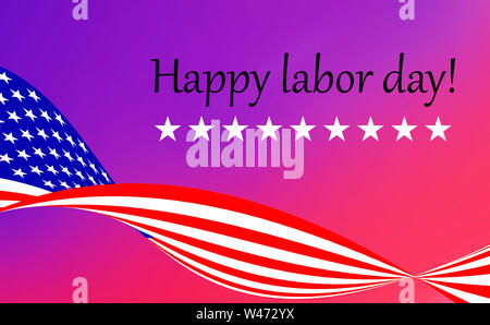 Abbildung: Happy Tag der Arbeit. Gewellte Flagge der Vereinigten Staaten von Amerika mit Beschriftung und Sterne auf dem verschwommenen Hintergrund. Stockfoto