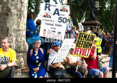London, Großbritannien. 20. Juli 2019: Anti Brexit Demonstranten sammeln im Parlament Platz nach einem Marsch durch London. Es wurde geschätzt, dass 1 Millionen Menschen aus allen Regionen des Landes Credit: Bridget Catterall/Alamy Live News Credit: Bridget Catterall/Alamy Live News besucht Stockfoto