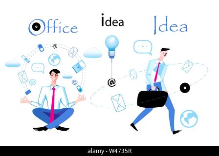 Vector business Abbildung mit Managern in der Arbeit auf einem weißen Hintergrund. Ein Beispiel für eine Zeichnung der Manager mit Ideen und Themen. Stock Vektor