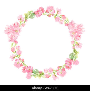 Rosa abstrakt Blumen Aquarell ganze Runde Kranz mit pastellfarbenen Blüten und Blätter Hand in Kreisanordnung gemalt für die begrüssung Hochzeit Karte Stockfoto