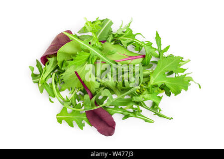 Mischung von verschiedenen Salaten auf weißem Hintergrund. Ansicht von oben. Flach. Stockfoto