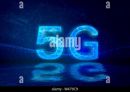 Kreative Verbindung Hintergrund, ein Mobiltelefon mit 5G Hologramm auf dem Hintergrund der Neuen Welt Ära, das Konzept der 5G Network, High-speed mobile Int Stockfoto