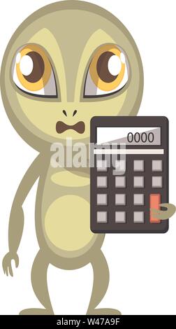 Alien holding Taschenrechner, Illustration, Vektor auf weißem Hintergrund. Stock Vektor