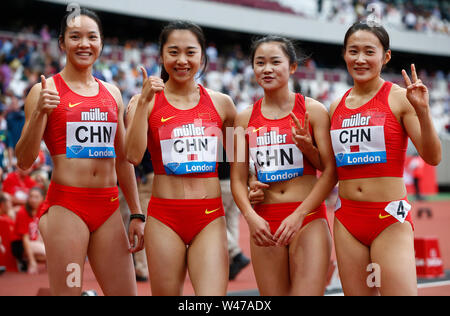 London, Großbritannien. 20. Juli 2019. LONDON, ENGLAND. 20. Juli: China (3.) in der 4 x 100 m Staffel konkurrierten, Frauen während des Tages eine der Muller Geburtstag Spiele in London Stadion am 20. Juli 2019 in London, England. Credit: Aktion Foto Sport/Alamy leben Nachrichten Stockfoto