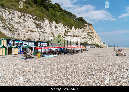 Bier in der Nähe von Seaton, Devon, England, UK. Juni 2019. Bier Strand an der Jurassic Coast in East Devon. Der Strand von Bier mit weißen Kreidefelsen. Stockfoto