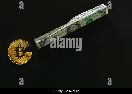 Bitcoin essen Dollar. Für Artikel oder Publikationen: Bitcoin vs US-Dollar, ist Stark, stabil und besser als Gold und andere Währungen. Raum Kopie für Stockfoto