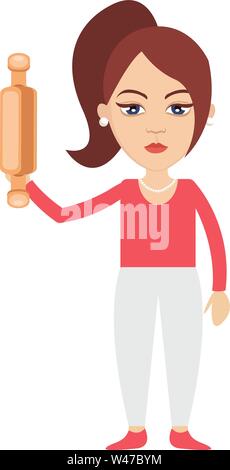 Frau mit Rolling Pin, Illustration, Vektor auf weißem Hintergrund. Stock Vektor