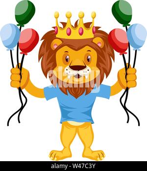 Lion with balloons, illustration, vector on white background. Stock Vektor