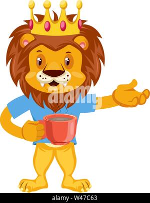 Lion mit Kaffee, Illustration, Vektor auf weißem Hintergrund. Stock Vektor
