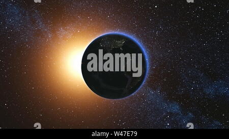 Platz Blick auf dem Planeten Erde und Sonne Sterne drehen sich um seine Achse in schwarz Universum. Nahtlose Loop mit Tag und Nacht die Lichter der Stadt. Hoch detaillierte 3D-Render Animation. Elemente des Bildes von der NASA eingerichtet Stockfoto
