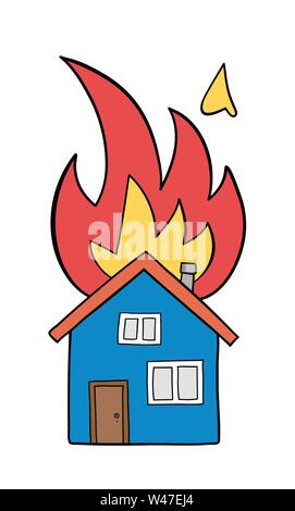 Vektor handgezeichnete Abbildung: Haus Feuer, freistehendes Haus in Brand. Schwarzen umrissen und gefärbt. Stock Vektor