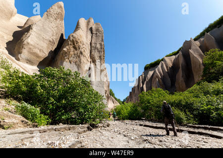 Petropawlowsk-kamtschatski Region, Russland - Juli 18, 2018: Die Gruppe der Touristen zu Fuß in der Nähe von Kuthin Bata, Kamtschatka, Kronotsky Reserve. Stockfoto