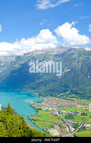 Türkisblaue Brienzersee, Interlaken, Schweiz von oben vom Harder Kulm. Schönen Schweizer Landschaften. Grüne Hügel, Schweizer Alpen. Sommer Alpine Landschaften. Tolle Aussicht. Stockfoto