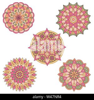 Abstrakte Satz handgezeichnete Mandalas in schönen Farben auf weißem Hintergrund Stock Vektor