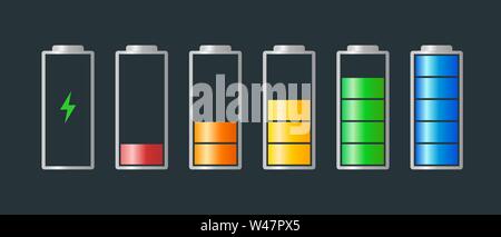 High zu Low power Batterien aufgeladen mit Energie Anzeige aufladen Icon Set. Leer bis voll Batterie Anzeige rot orange gelb blau grün Stock Vektor
