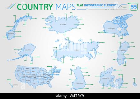 Arktischen Rat, Norwegen, Island, Kanada, Dänemark, Finnland, Russland, Schweden und die Vereinigten Staaten von Amerika Vektorkarten Stock Vektor