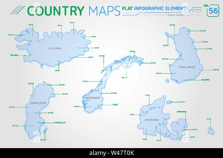 Nordischen Rat, Island, Norwegen, Dänemark, Finnland und Schweden Vektorkarten Stock Vektor